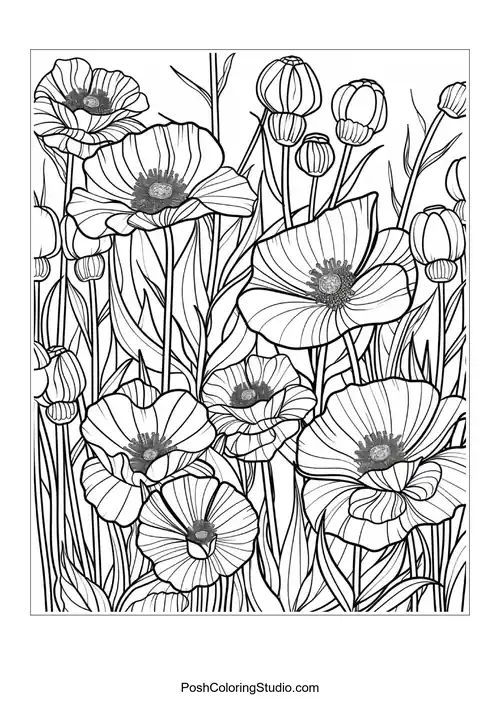 A detailed illustration of tulips with intricate petal designs.