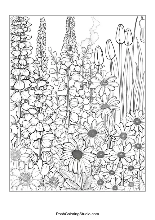 A detailed illustration of tulips with various shapes.