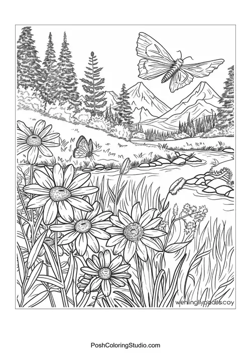 A scenic view with flowers and mountains in the background.