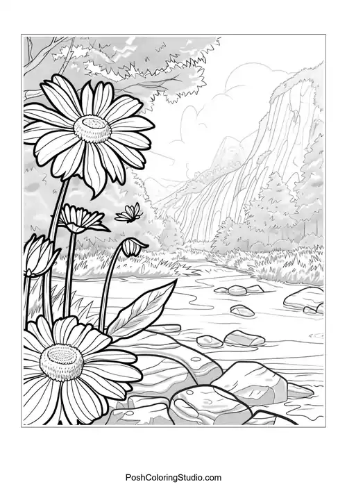 A garden scene with flowers and a watering can.
