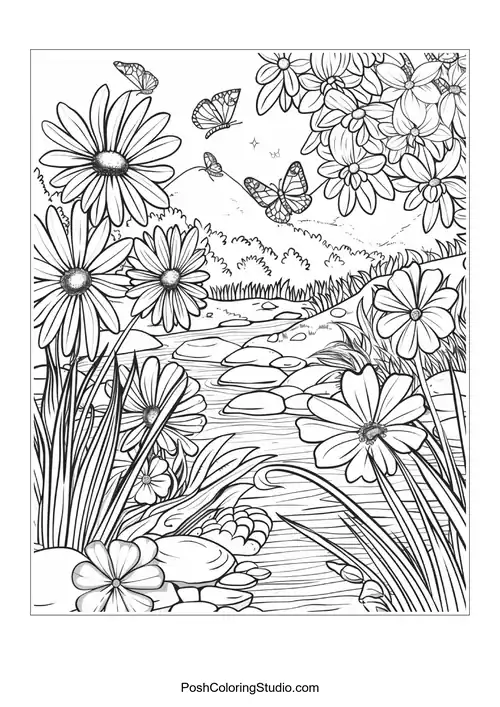A garden scene with various flowers and gardening tools.