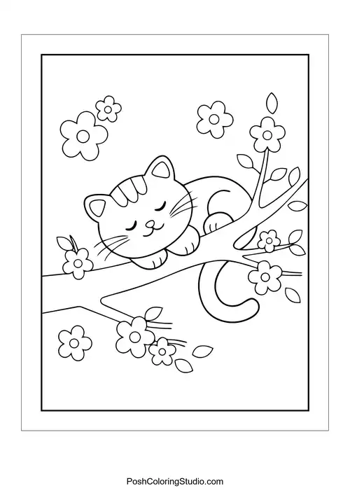 A sleeping cat on a branch surrounded by flowers.