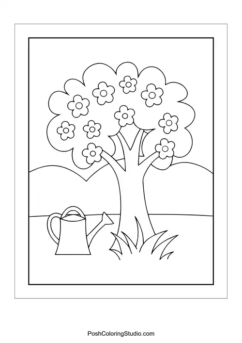 A tree with flowers and a watering can beside it.