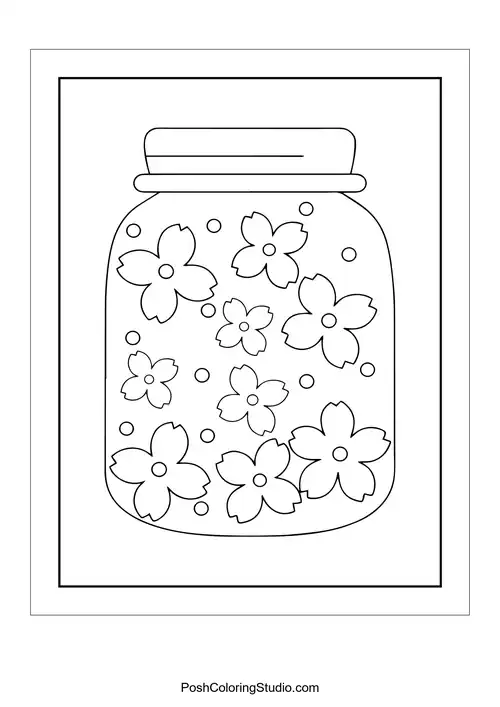 A jar filled with flowers and dots inside.
