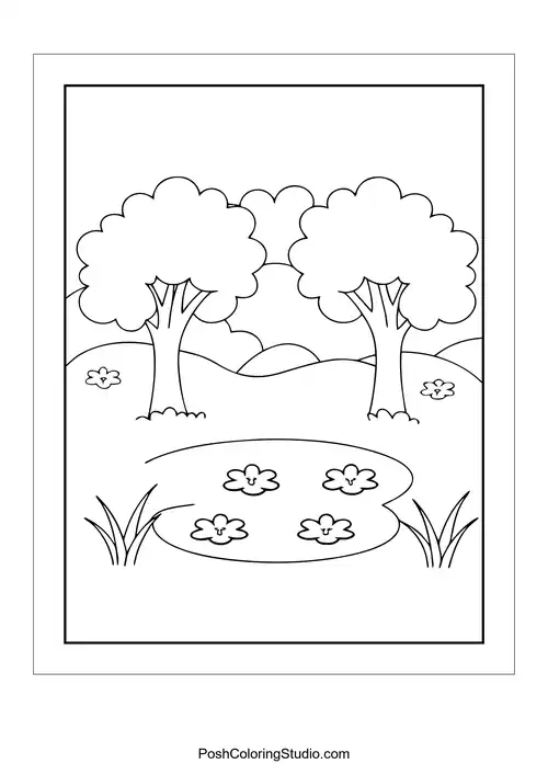Two trees beside a pond with lily pads.