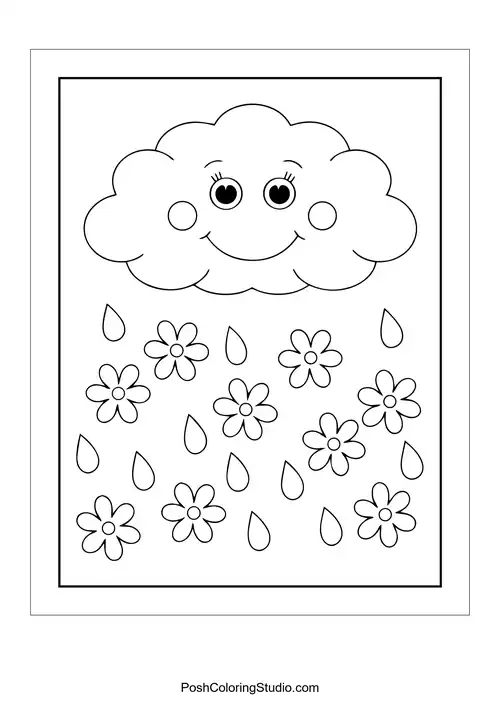 A smiling cloud raining flowers.