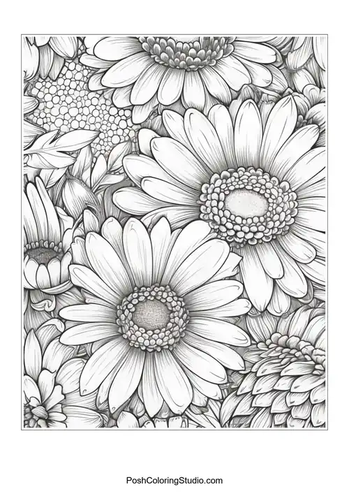 A collection of daisies with intricate designs.