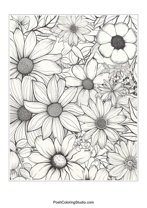 A dense arrangement of daisies and other floral elements.