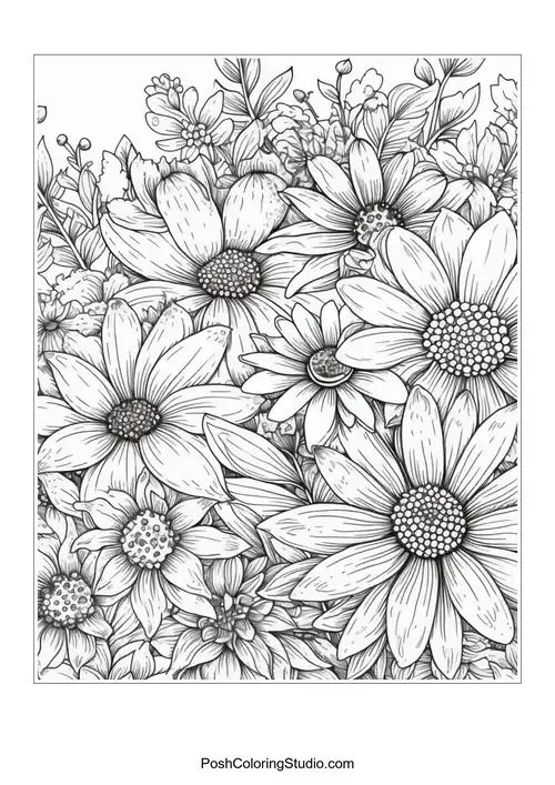 A close-up of daisies surrounded by intricate foliage.
