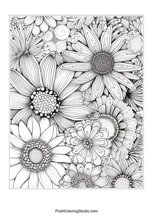 A dense arrangement of various daisies with intricate petal details.