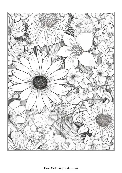 A mix of daisies and smaller flowers with layered leaves.