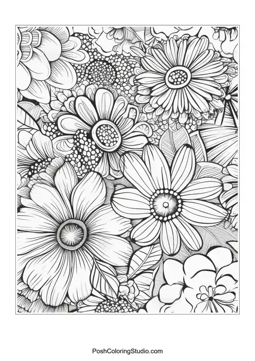 A cluster of daisies surrounded by smaller floral elements.