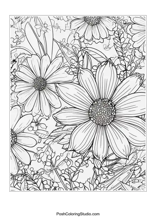 Daisies interspersed with delicate leaves and stems.