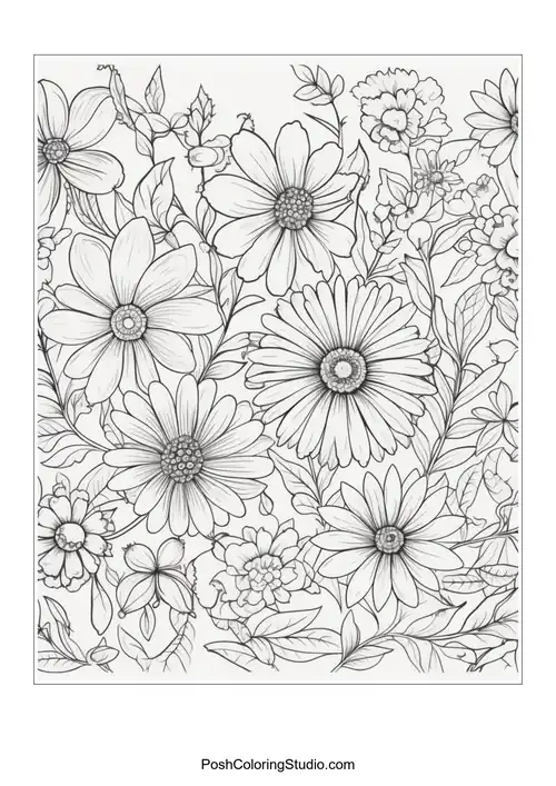 A variety of daisies and small flowers with intricate leaf patterns.