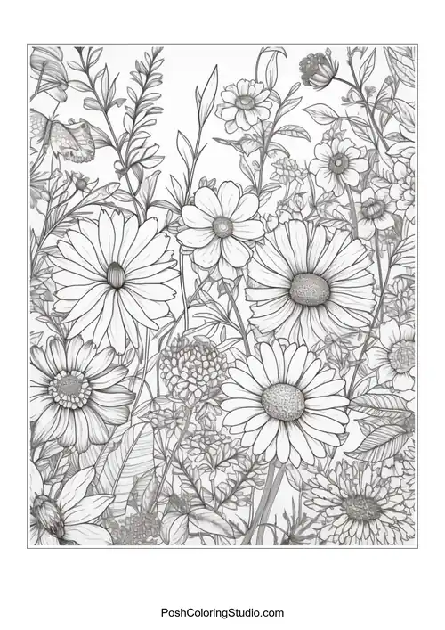 A composition of daisies with various floral and leafy accents.