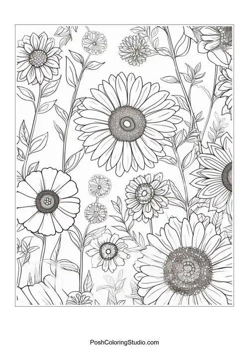 Tall daisies with circular centers and surrounding floral elements.