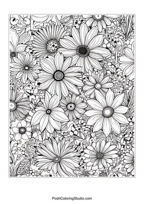 A vibrant arrangement of daisies with detailed floral patterns.