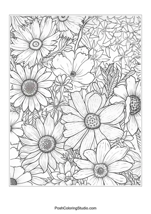 A collection of daisies with intricate petal and leaf designs.