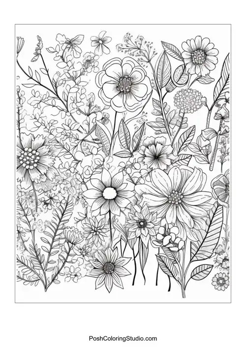 A mix of daisies and other flowers with detailed outlines.