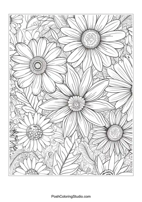 A cluster of daisies with intricate floral and leaf details.