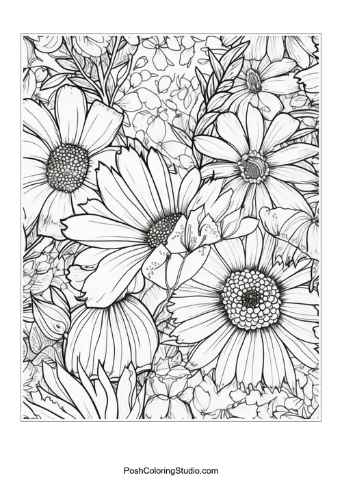 A composition of daisies with various floral accents and leaves.
