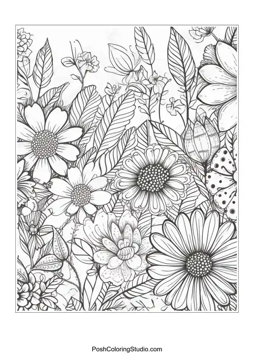 A vibrant arrangement of daisies with intricate leaf patterns.