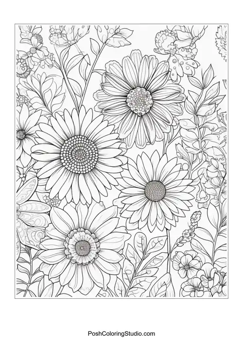 A collection of daisies with detailed floral and leaf accents.