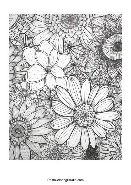 A mix of daisies and other flowers with intricate designs.