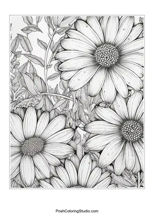 A vibrant arrangement of daisies with intricate patterns.