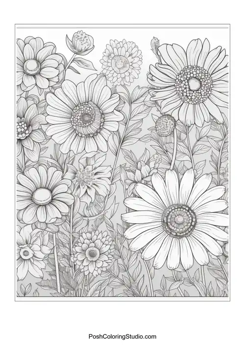 A collection of daisies with intricate petal and leaf designs.