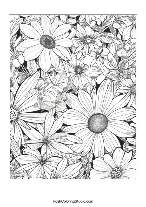 A mix of daisies and other flowers with detailed outlines.