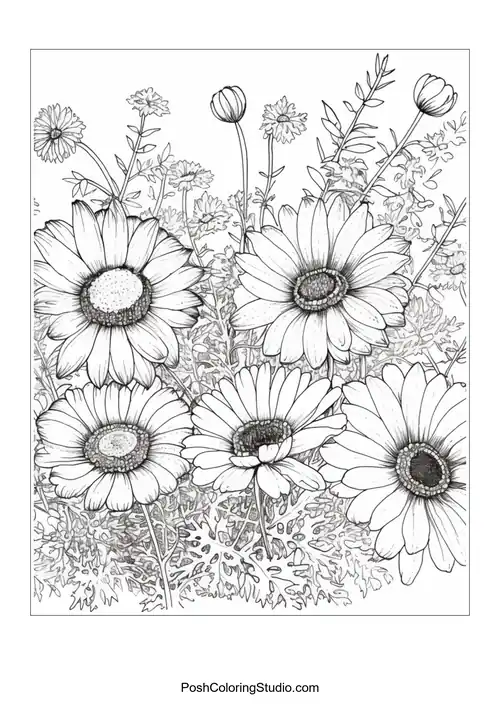 A cluster of daisies with intricate floral and leaf details.
