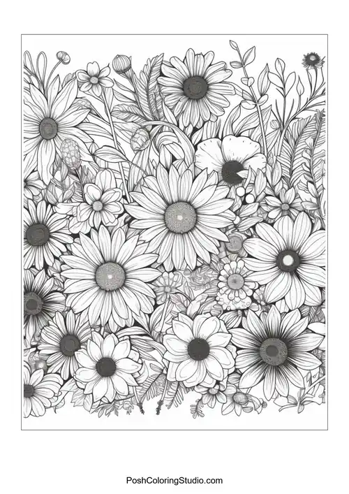 A dense arrangement of daisies and various small flowers.