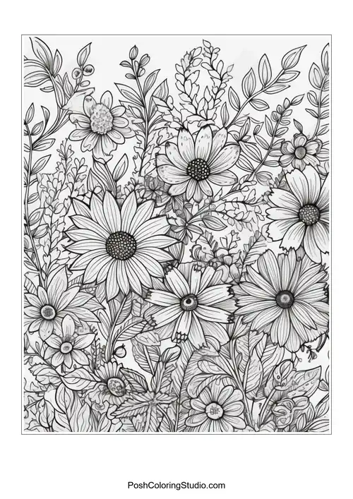 A floral composition with daisies and leafy accents.