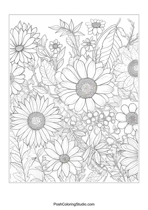A cluster of large daisies with detailed leaves.
