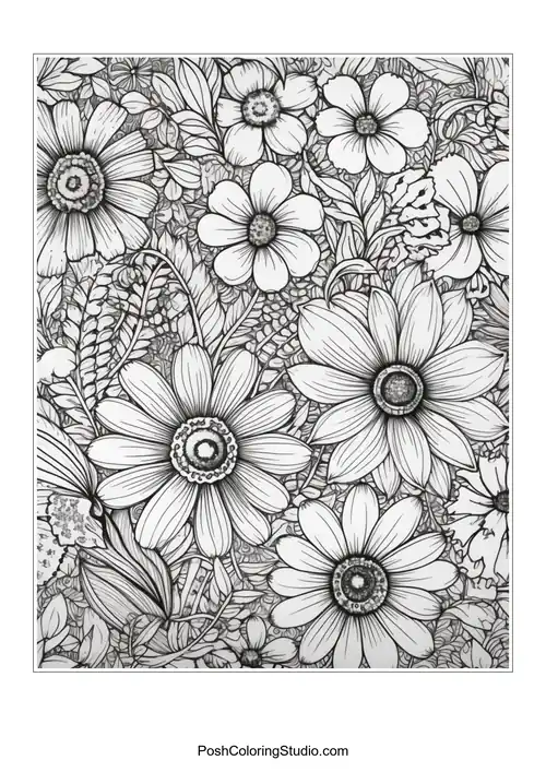 A vibrant floral design featuring daisies and other flowers.