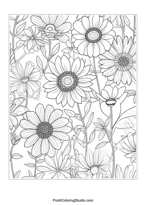 A floral scene with daisies and various small blossoms.