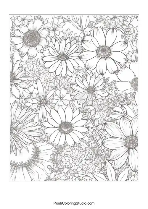 A detailed arrangement of daisies and small flowers.