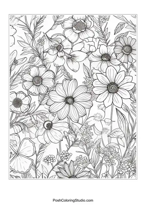 A field of daisies with various floral elements.