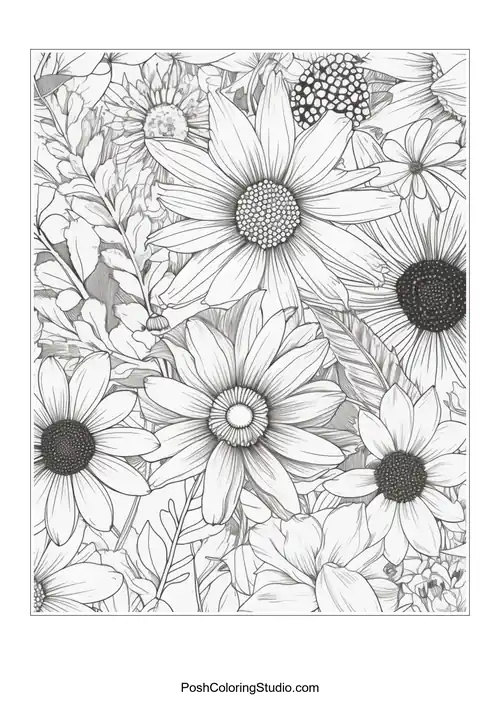 A floral design with large daisies and intricate patterns.