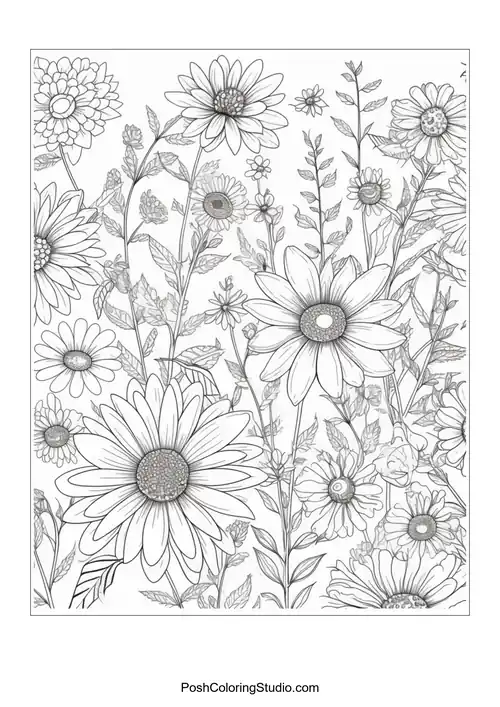 A floral arrangement with daisies and leafy elements.