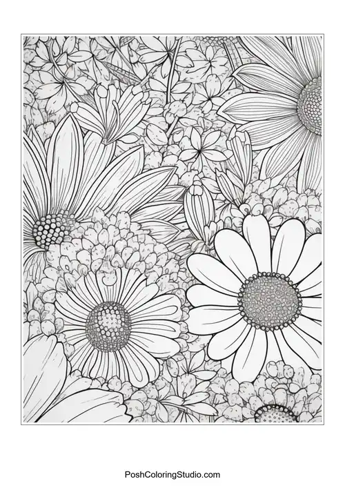 A vibrant floral design featuring daisies and other flowers.
