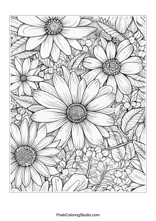 A floral scene with daisies and various small blossoms.