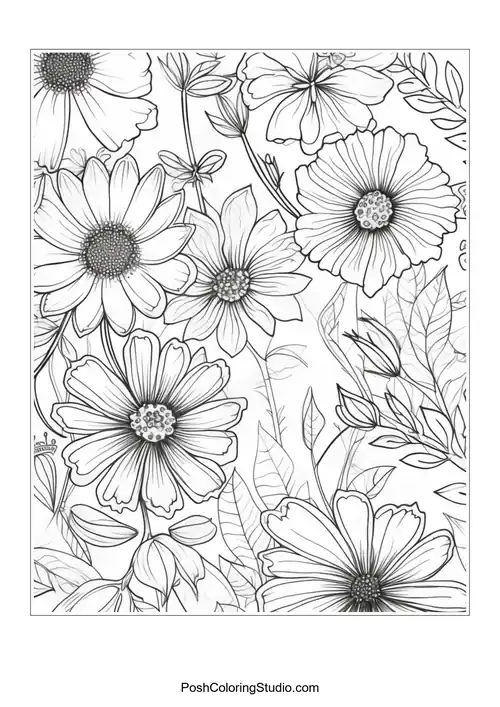 A detailed arrangement of daisies and small flowers.