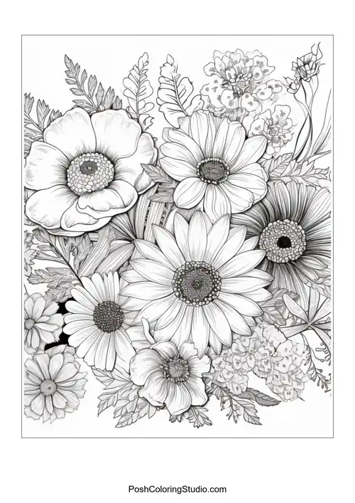 A floral design with large daisies and intricate patterns.