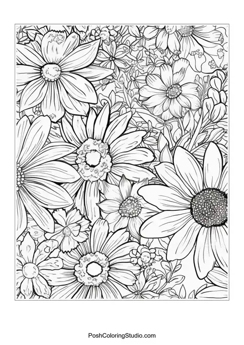 A floral arrangement with daisies and leafy elements.