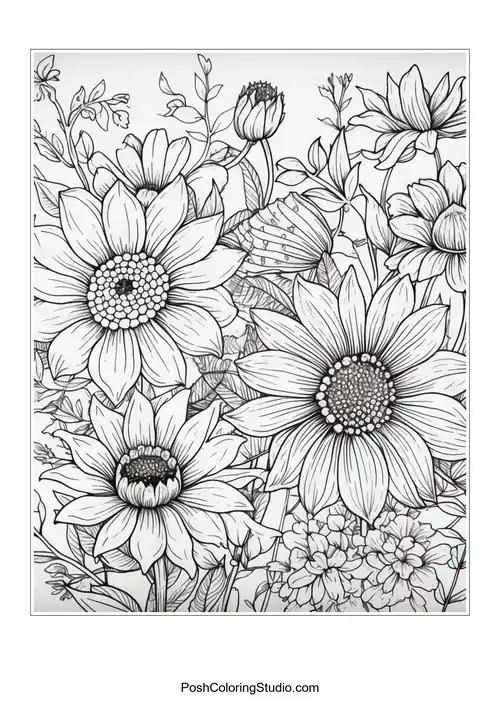 A detailed floral design with daisies and other flowers.