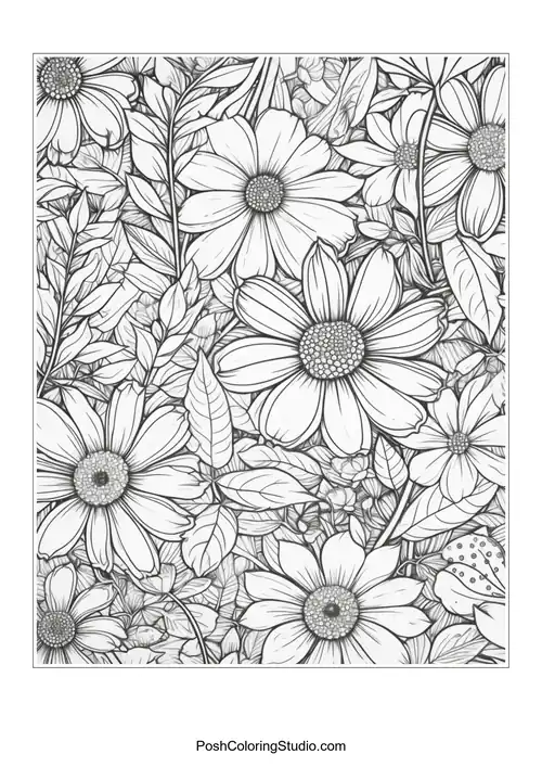 A dense arrangement of daisies and other flowers.
