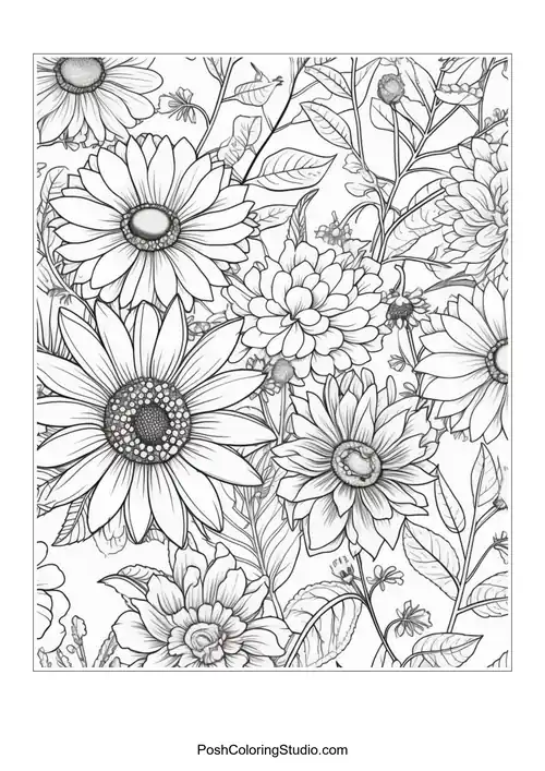 A vibrant display of daisies in various sizes.
