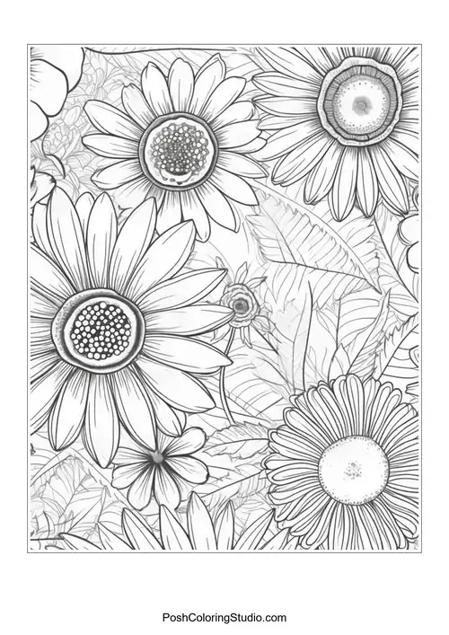 A detailed illustration of daisies and foliage.